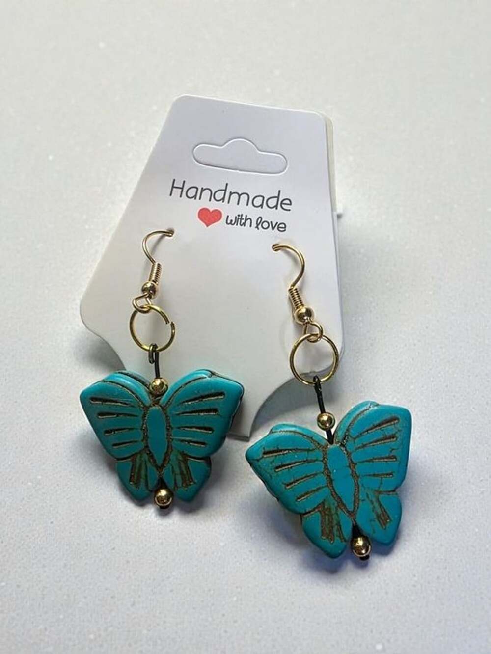 Turquoise Butterfly Dangle Earrings Gold Tone